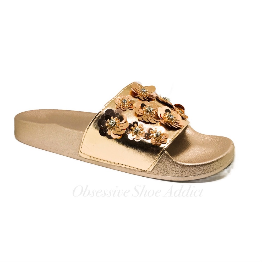 Rose Gold Sequin Floral Slides